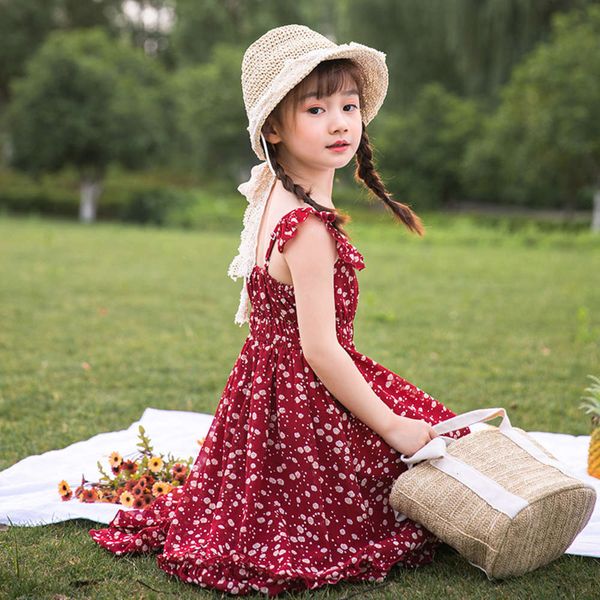 

off 2021 summer chiffon floral suspender drs girl's princs shoulder wave point long skirt, Red;yellow