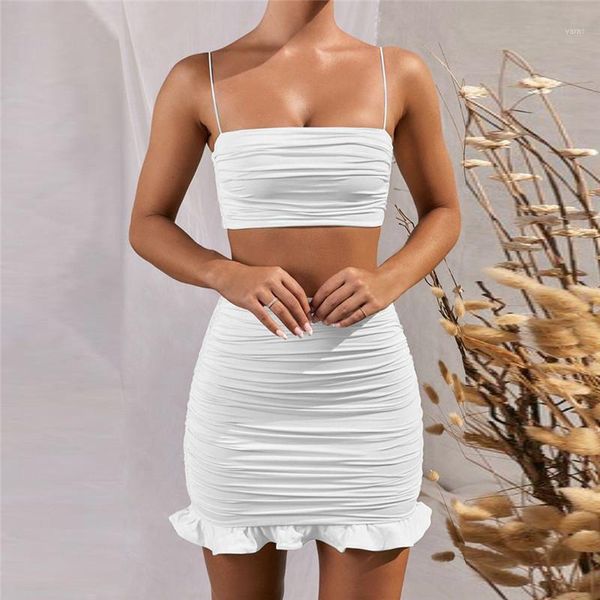 Vestidos casuais 2021 verão mulheres definir espaguete cinta colheita Top White Sexy e Mini Bodycon Skirt Ruffles Partido Outfit Club Dois Peça Sets1