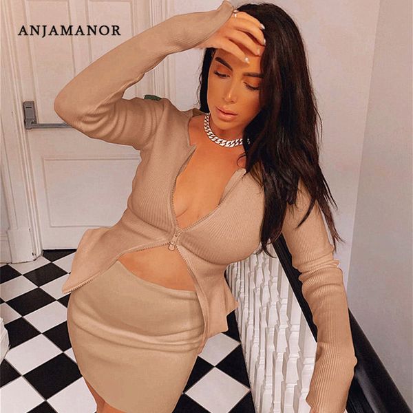 

anjamanor zip up two piece sweater skirt set ribbed bodycon matching sets club party autumn winter 2 piece outfits 2019 t200702, White
