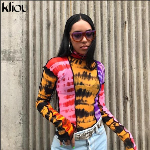 

kliou 2019 summer women print t-shirt mesh material ruffles turtleneck full sleeve crop female casual thin tshirt tees11, White