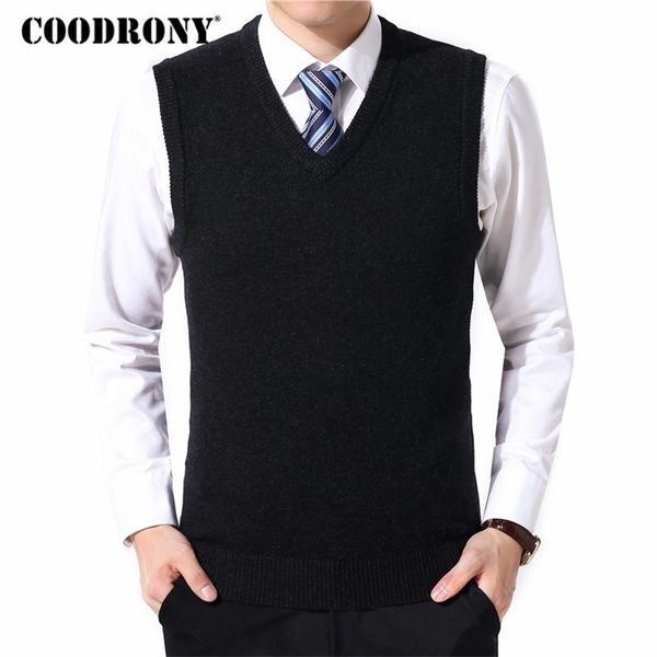 

coodrony sweater men clothes autumn winter warm cashmere wool pull homme classic casual v-neck sleeveless vest sweaters 126 201117, Black;white