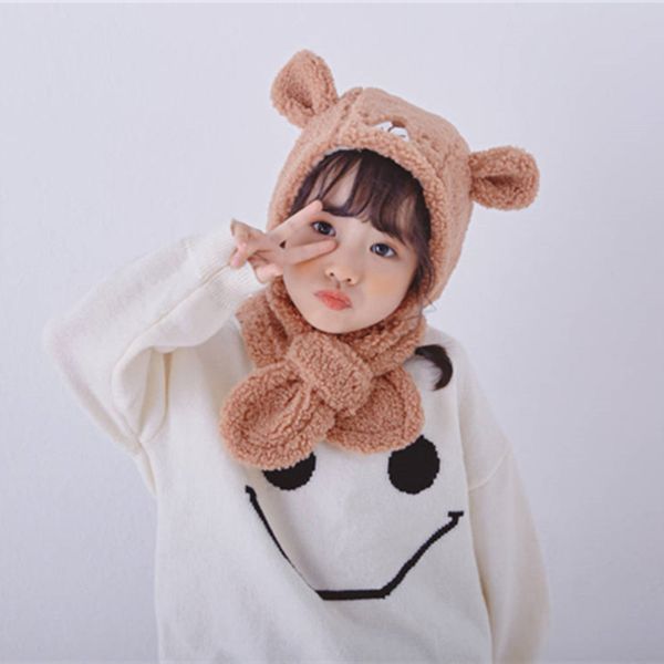 

korean version lamb bib hat autumn winter ear neck protection warm cover cap cute little bear boys and girls hats, Red;brown