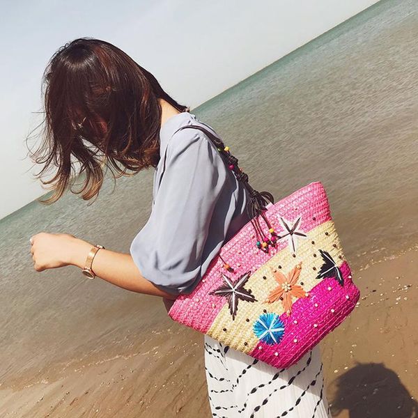 

hawaiian new straw bag color starfish design women big capacity handbag beach travel shoulder bag hand-woven boho retro tote