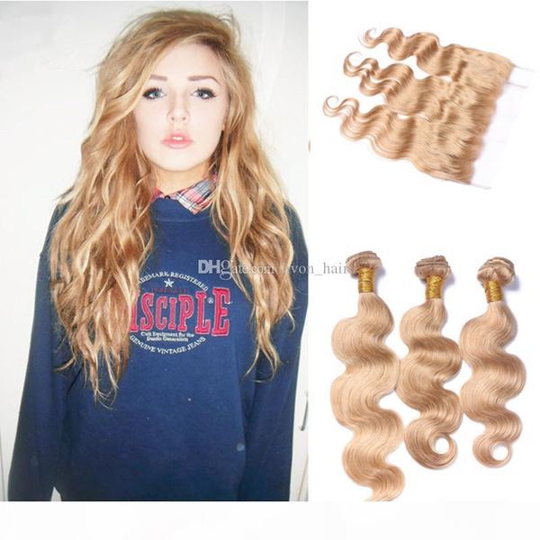 

honey blonde virgin hair 3 bundles with lace frontal closure malaysian #27 bleach blonde body wave human hair weaves with 13*4 frontal, Black;brown
