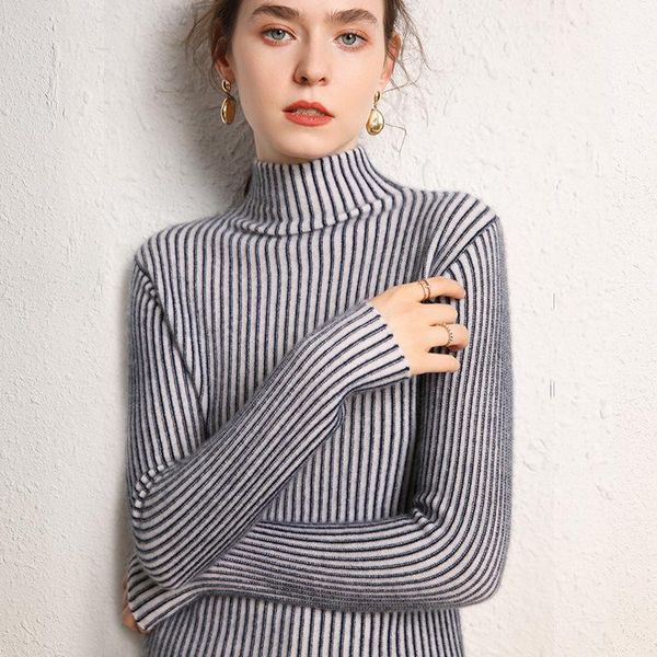

100% pure cashmere sweater female 2020 winter new style thickened turtleneck vertical stripes matching color knit bottom, White;black