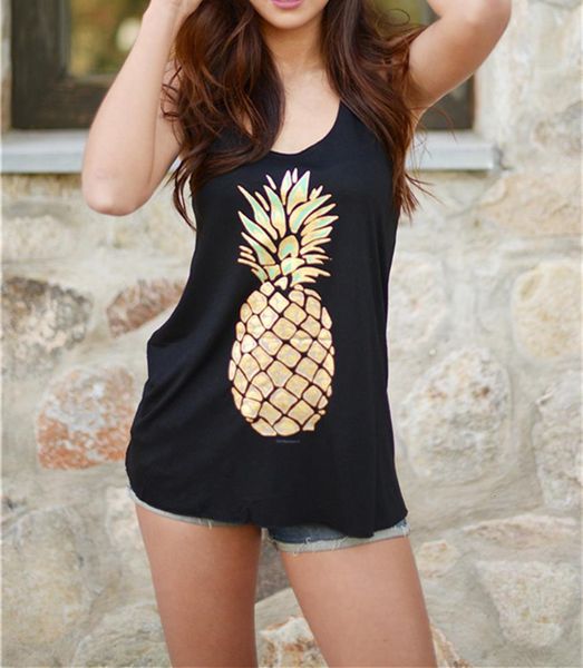 

pineapple print tank women sleeveless letter tee shirt for women summer tanks black gray casual female vest soft cotton tee, White