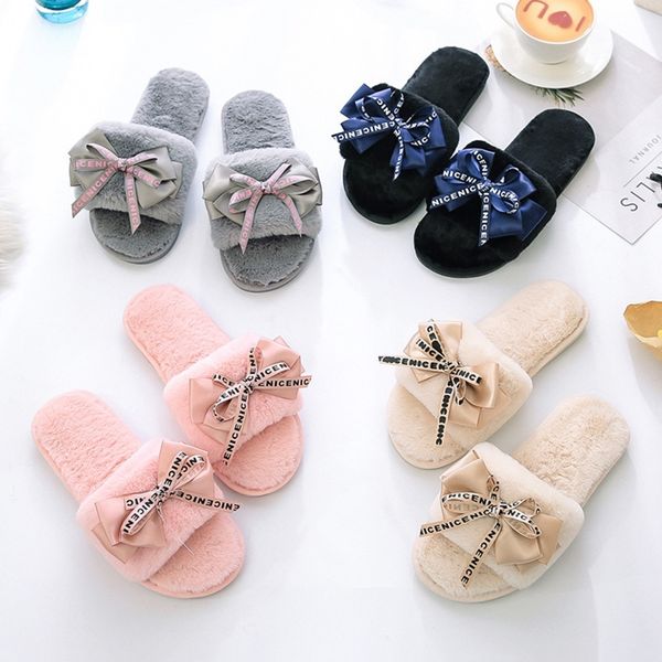 

2020 new women plush home slippers cute butterfly-knot faux fur warm flat shoes slip on open toes winter furry ladies slides x1020, Black