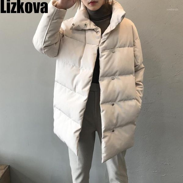 

lizkova 2020 winter new white oversized parkas women casual lapel single breasted quilted coats tp1201, Black