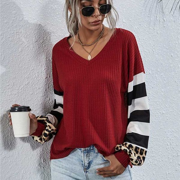 

women's v-neck stitching autumn long-sleeved leopard striped fashion pullover ladies casual loose sleeve t-shirt, White