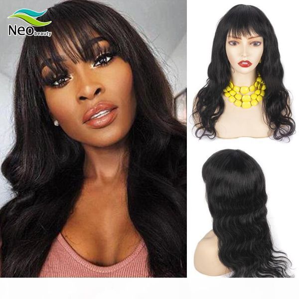 

neobeauty brazilian human hair wig with bangs body wave full machine wigs fashion lady hair wigs with bangs for black women, Black;brown