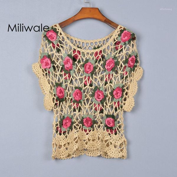 

new fashion summer autumn hollow out hand crocheted flowers shirt short sleeve pullover o neck women t shirt1, White