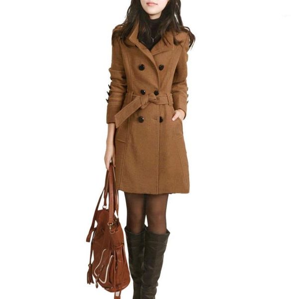 

long sleeve winter woolen coats women pockets slim fit parkas plus size europe style female ladies autumn new slim woolen coat1, Tan;black