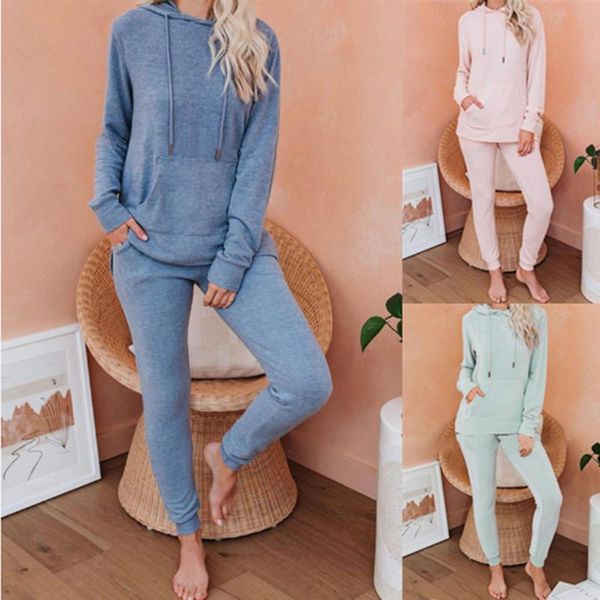 

fashion autumn winter women solid color hoodie pullover long pants tracksuit, Gray