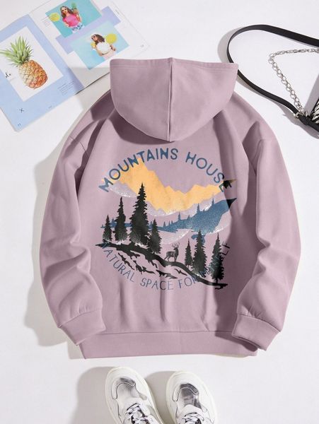 

tree & letter graphic drawstring thermal lined hoodie d4wf#, White;black