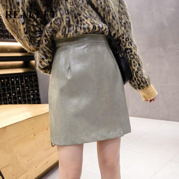 

realeft autumn winter light pu leather elegant wrap skirts 2020 new high waist split sheath a-line mini skirts female1, Black