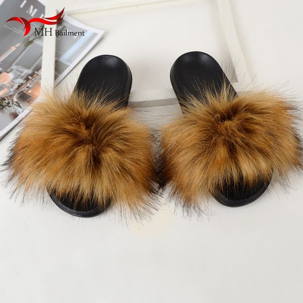 

summer faux fox fur slippers women indoor fluffy plush flat shoes artificial raccoon fur slides outdoor casual beach sandals x1020, Black