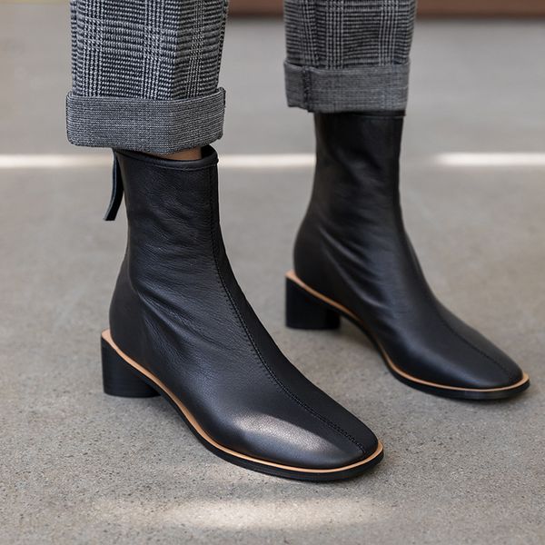

boots 2021 autumn women shoes retro female block motorcycle booties plus size office party leather low heel mid calf, Black