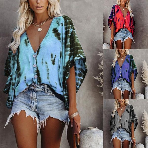

women's blouses & shirts 2021 fashion women printed loose chiffon v neck woman streetwear style half batwing sleeve chemise femme, White