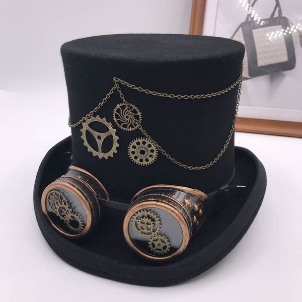 Takerlama Vintage Steampunk Gear Occhiali Floral Black Top Hat Stile punk Fedora Copricapo Gothic Lolita Cosplay Hat 17 cm Y200110