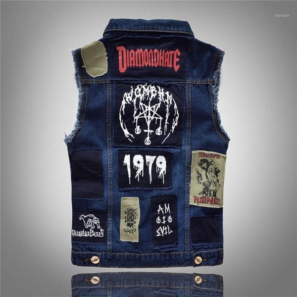 

mens denim vests casual streetwear patch designs outwear vintage personality waistcoat korean style biker sleeveless man jackets1, Black;white