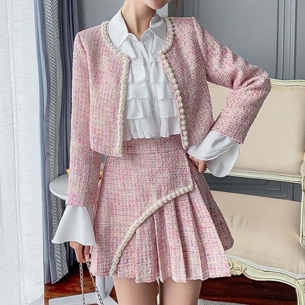 

igwz6 graceful socialite set tweed small coat coat shirt coatsuit pleated high waist skirt shirt three-piece printed 7n4qc, Gray