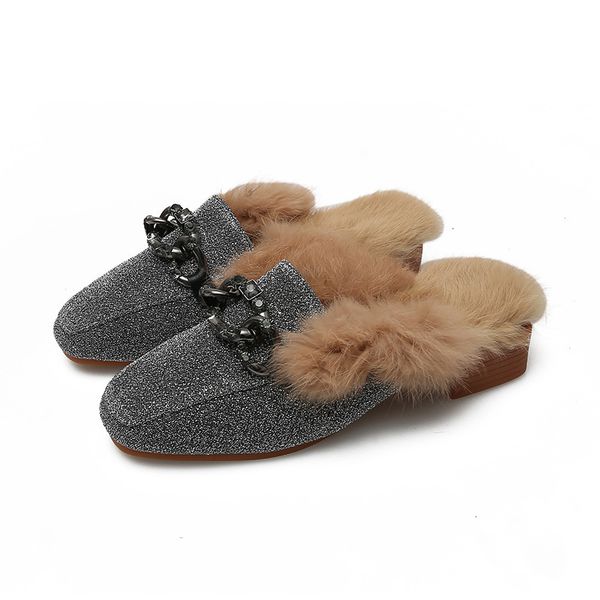 

2021 new hairy women's winter red net-style hair half slippers q6vf, Black