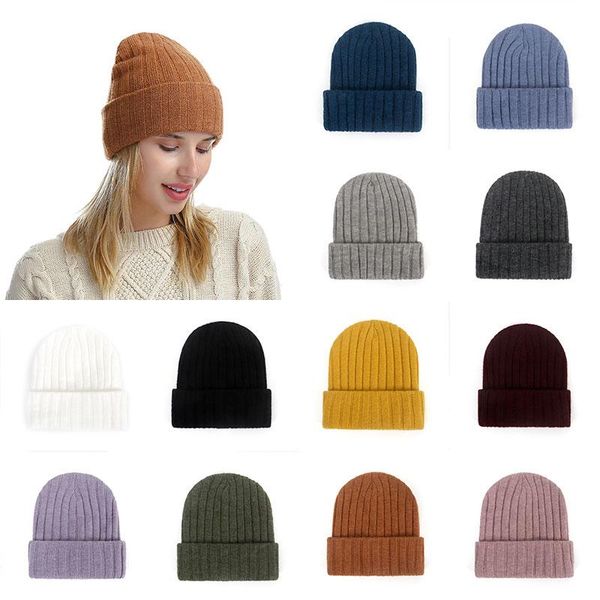 

beanie/skull caps autumn winter solid color thick woolen cap for women cotton cashmere knitted hats beanie pullover ski ear protection, Blue;gray