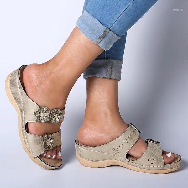 

non slip women's sandals pu stitched wedge high heel roman shoes flowers all match women's sandals1, Black