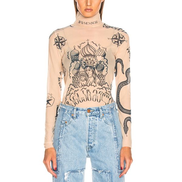 TVVOVVIN NEUE MODE FRAUEN 2019 Elastizität Drucken Tops Vintage Sexy Sun-proof Herbst Rollkragen Mesh Garn Bluse Shirt Tatoo t200321