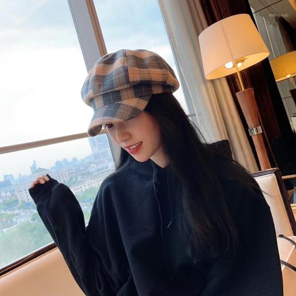 

plaid octagonal hat female autumn and winter new british style beret female painter hat casual street1, Blue;gray