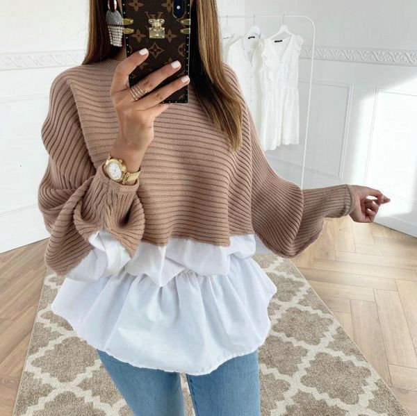 

loose batwing sleeves women autumn spliced ruffled hem pink gray casual sweater winter o neck sweet female jumper streetwear, White;black