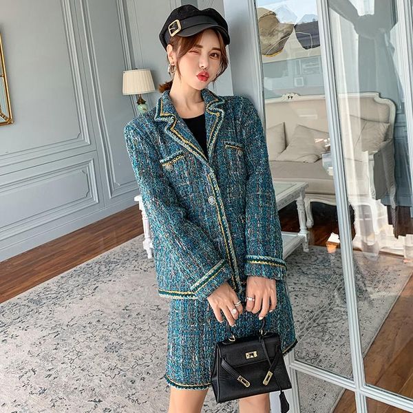 

2020 winter women's fashion plaid contrasting color contrast long-sleeved woolen jackets + knitted skirts two-piece suits, Gray