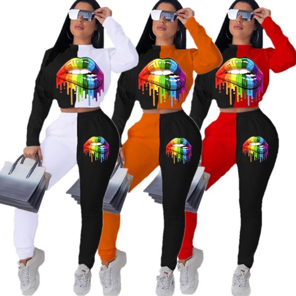 

женщины tracksuit плюс размер губы printed длинные рукава толстовка пуловер леггинсы лосины мода двухкусочный комплект обмундирования спорти, White