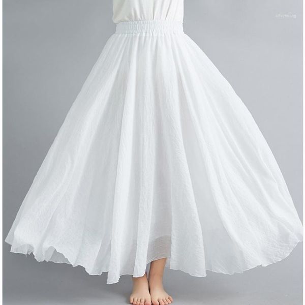 

2020 fashion women maxi skirt cotton skirt linen long elastic waist beach boho summer vintage skirts faldas saia a line skirts1, Black