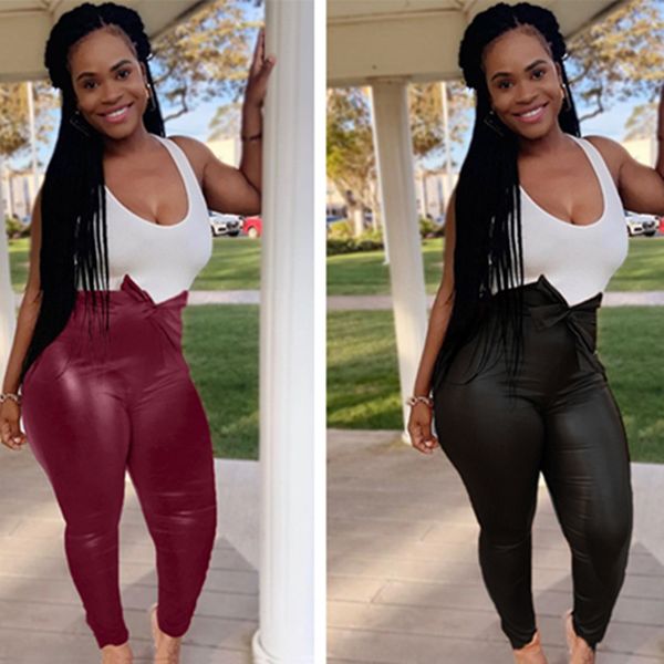 

s-4xl plus size women pants solid pu leather tight leggings fashion designhigh waist pencil pants casual party bottom front belt bows f92904, Blue