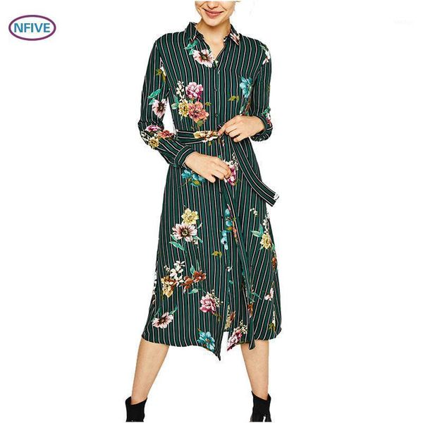 

nfive brand 2018 women slim middle dresses european american new long sleeve vertigos lapel tie single breasted printing dress1, White;black