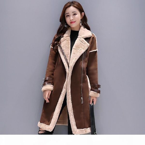 

new women faux leather lambs wool coat female long thick warm shearling coats suede leather jacket autumn winter outerwear k068 sh190930, Black