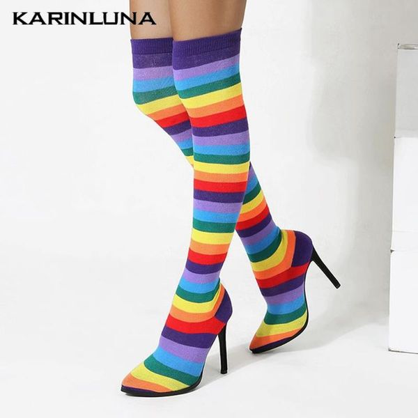 

karin dropship о мода продажа смешанные цвета радуги тонкие высокие каблуки острым носом чрезмерная с колен сапоги осень, Black