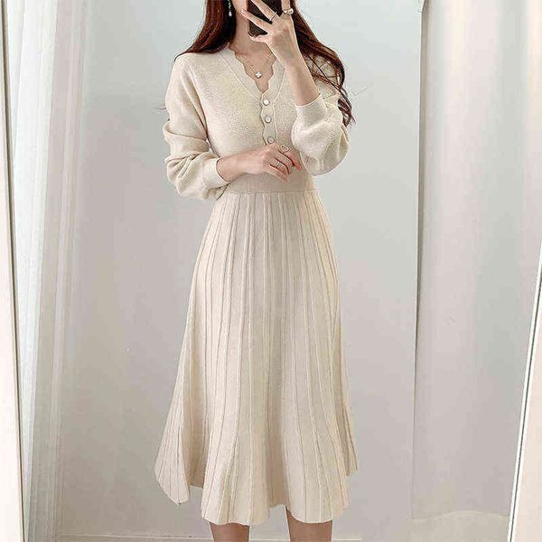 

vintage one piece korean pleated dress long sleeve slim woman sweater dresses knitted elegant midi party woman dress autumn 2021 g1223, Black;gray