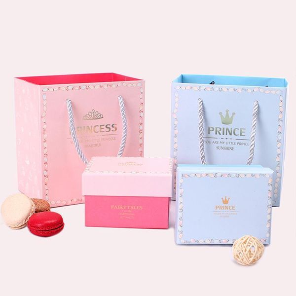 

gift wrap 8*6*6cm princess and prince pink blue l size boxes for boy girl baby shower , hxxq111