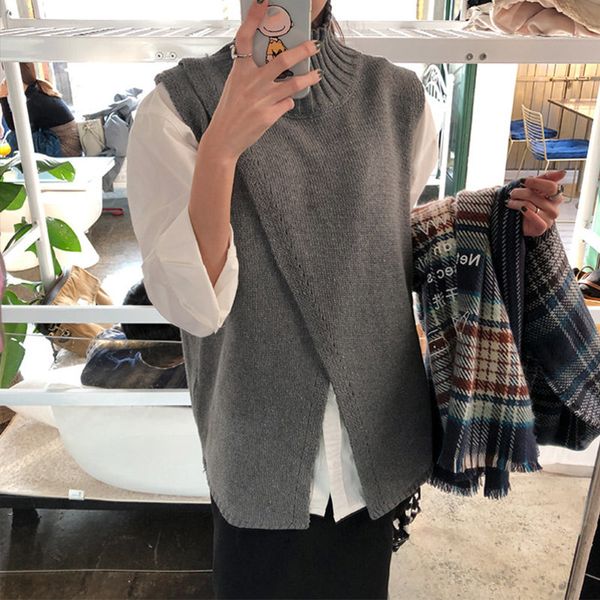 

women korean style overlap sleeveless ladies sweater spring turtleneck knitted sweaters female fashion criss-cross jumper 201031, White;black