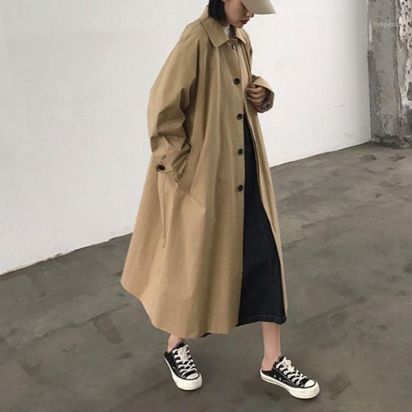

trench long coat women loose simple korean style all-match ins leisure daily outwear womens oversize sweet solid chic elegant1, Tan;black