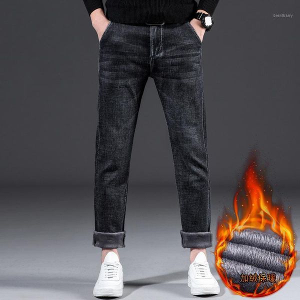 

2020 new men's winter warm loose jeans classic style business casual dark black denim elasticity thick pants plus size 44 46,9261, Blue