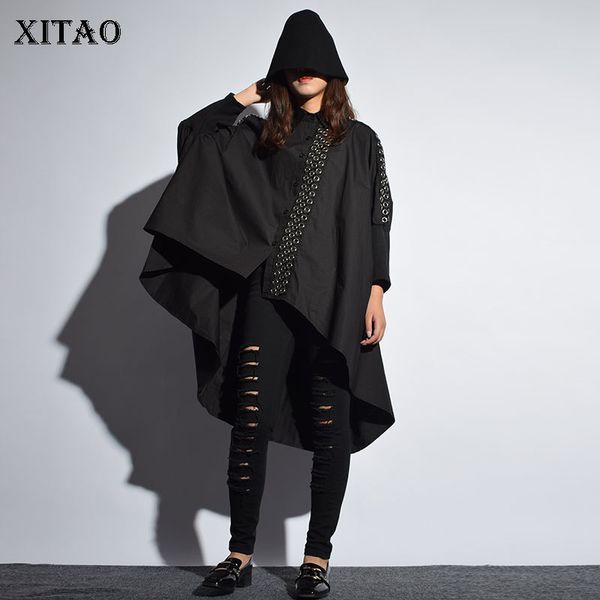 

[xitao] europe street new autumn women single breasted loose irregular coat female metal ring decoration trench ljt3535 t200828, Tan;black