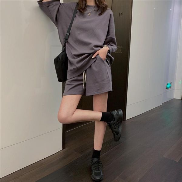 

women's tracksuits womens o-neck sweatshirts and shorts two set summer autunm femlae playsuit solid color, Gray
