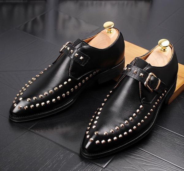 

high increased genuine leather men dress shoes 2020 trend rivets men's formal leather shoes mens oxfords casual, Black