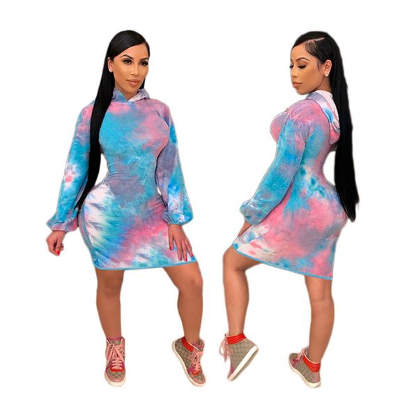 

fall winter clothing women tie dye hoodie dress long sleeve one-piece dress plus size 3xl pullover hoodies skirt fashion hoodies 4415, Black;gray