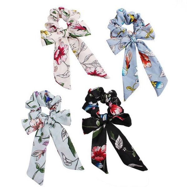 

bows hair scrunchies scarf floral girls long ribbon hairbands elastic bowknot streamer tie ropes ponytail holder hair accessories dw6292, Slivery;white