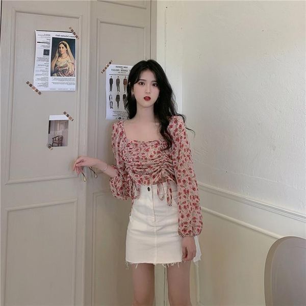 

2021 new square collar floral blouse sweet long sleeve women chiffon short 2021 spring korean casual designer clothes ladies 0pka, White
