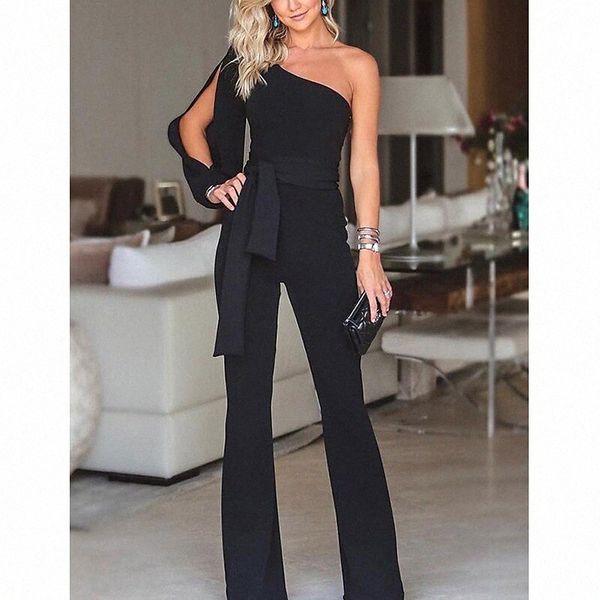 

women's elegant party one shoulder 2022 white black pink jumpsuit solid color drawstring high waist z6ie#, Black;white